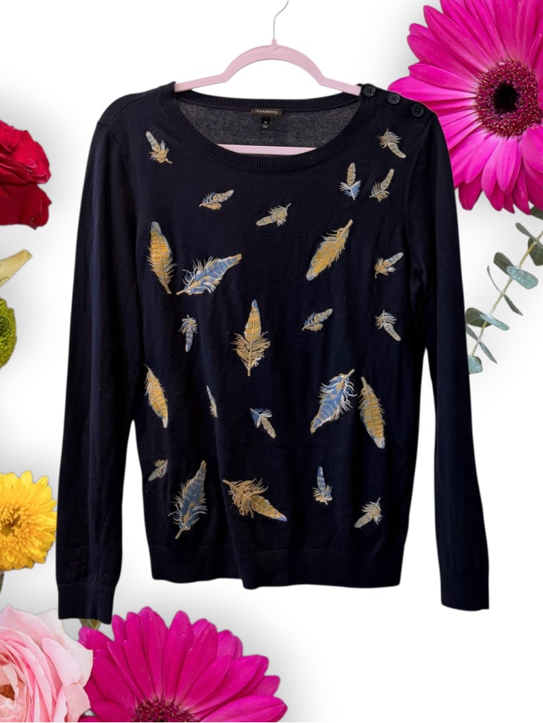 Talbots Black Sweater With Embroidered Feather Pattern.Lightweight-Knit Pullover